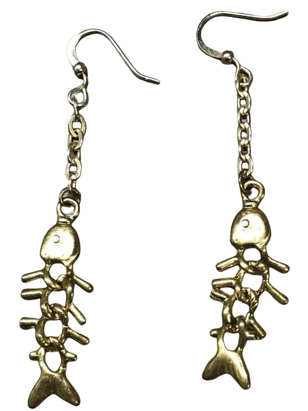 Micha Designs Earrings Dangle Gold Fishbone Brass Fish Skeleton Bones Drop 2.5”